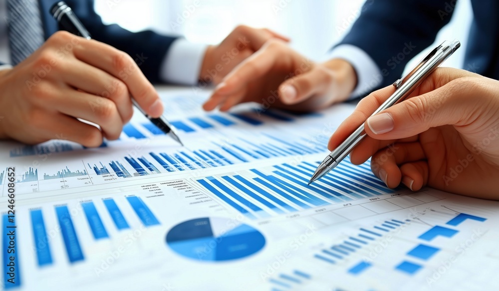 Close-Up of Business Professionals Analyzing Financial Reports and Charts with Hands and Pens in Modern Office Environment Close-Up of Business Professionals Analyzing Financial Reports and Charts with Hands and Pens in Modern Office Environment
