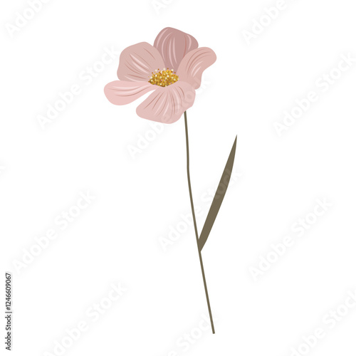 Gentle pink flower with golden center. Floral botanical element for Birthday Card, Wedding Invitation.