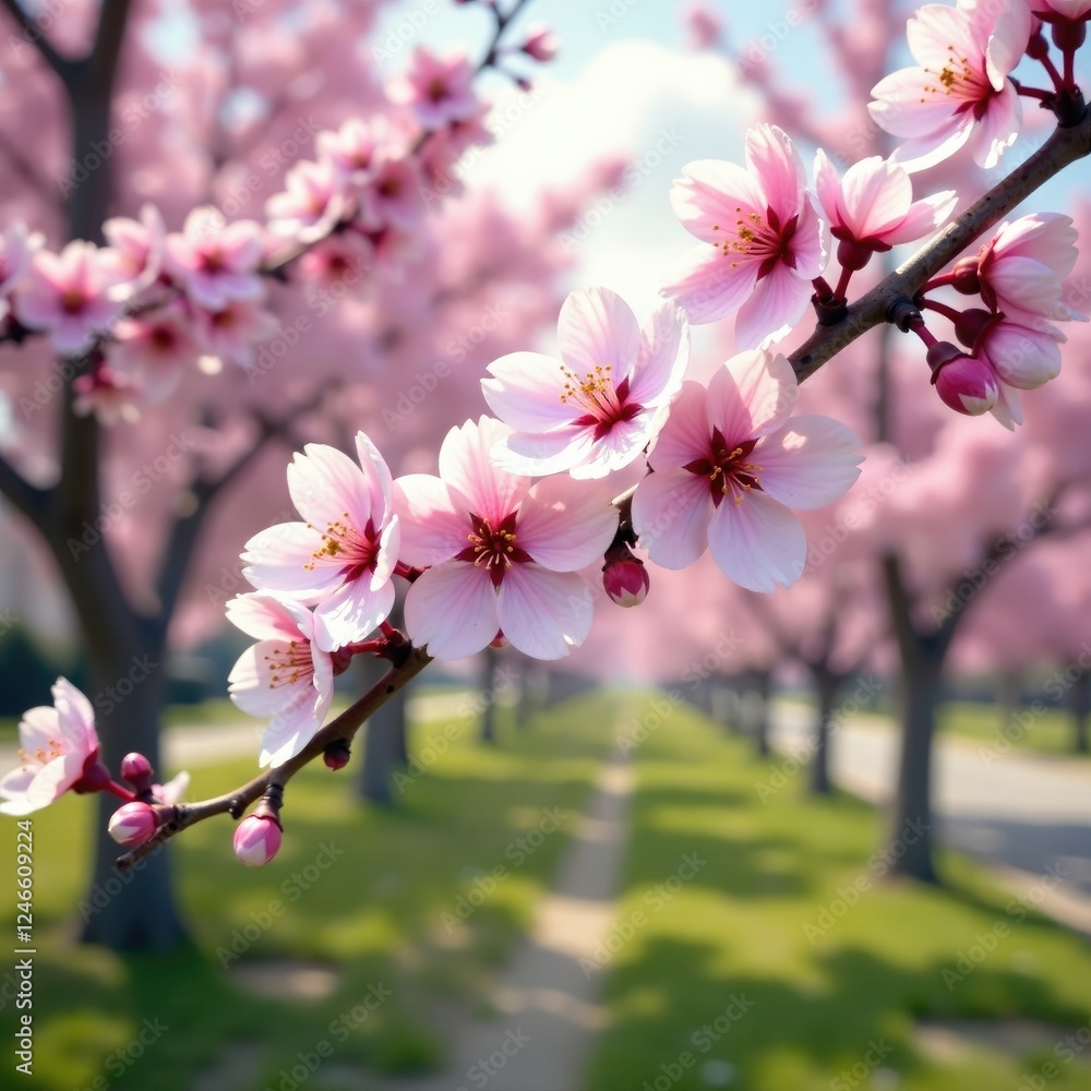 Obraz premium Pink and white blossoms sway gently in spring breeze, petals, blossoms, trees