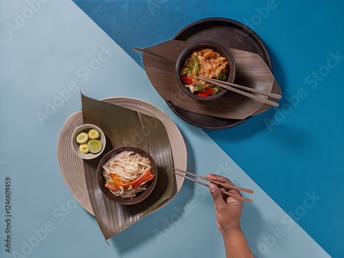 A top-down view of a traditional Thai meal with Pad Thai, Tom Yum soup, and Som Tam, served on banana leaves photo