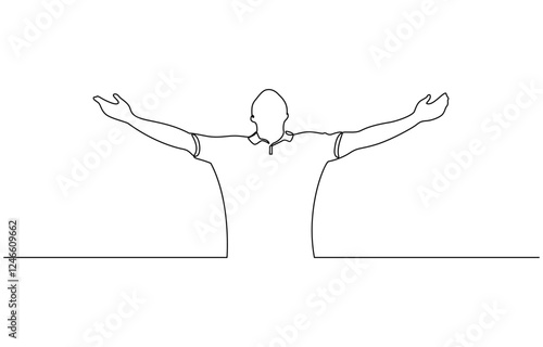 Continuous line drawing of happy man open hand palm feel free vector illustration, Simple continuous line drawing of male when feel so happy vector illustration.