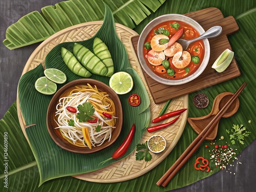 A top-down view of a traditional Thai meal with Pad Thai, Tom Yum soup, and Som Tam, served on banana leaves photo