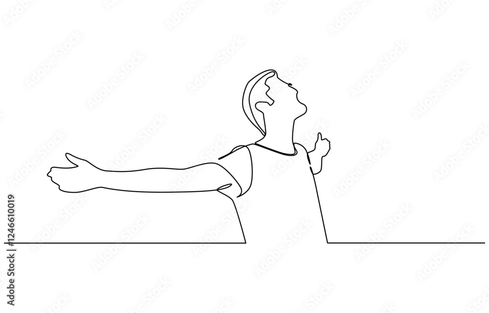 Continuous line drawing of happy man open hand palm feel free vector illustration, Simple continuous line drawing of male when feel so happy vector illustration. Continuous line drawing of happy man open hand palm feel free vector illustration, Simple continuous line drawing of male when feel so happy vector illustration.