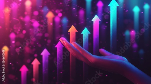 Hand Reaching Towards Vibrant Arrows Representing Growth in the Cybersecurity Sector with Colorful Background Effects