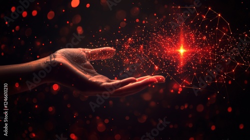 Virtual Hand Holding a Glowing Graph Representing Growth in Biotechnology Sector with Abstract Elements