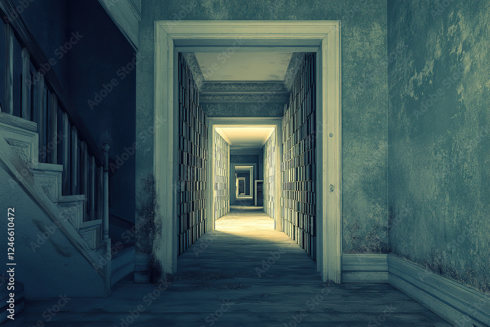 Unique house structure featuring numerous doors leading into an unseen void in a highly detailed setting Unique house structure featuring numerous doors leading into an unseen void in a highly detailed setting