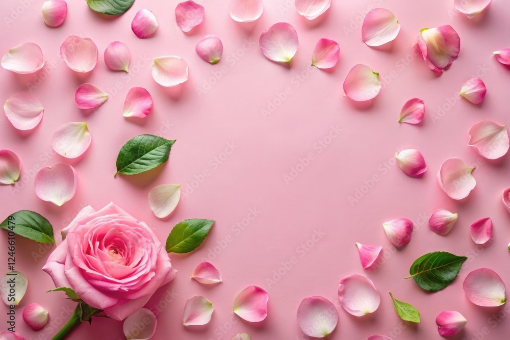 Soft pink background with scattered rose petals and a few green leaves, floral patterns, romantic setting, peaceful scene, garden flowers Soft pink background with scattered rose petals and a few green leaves, floral patterns, romantic setting, peaceful scene, garden flowers