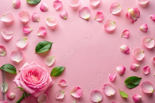 Soft pink background with scattered rose petals and a few green leaves, floral patterns, romantic setting, peaceful scene, garden flowers