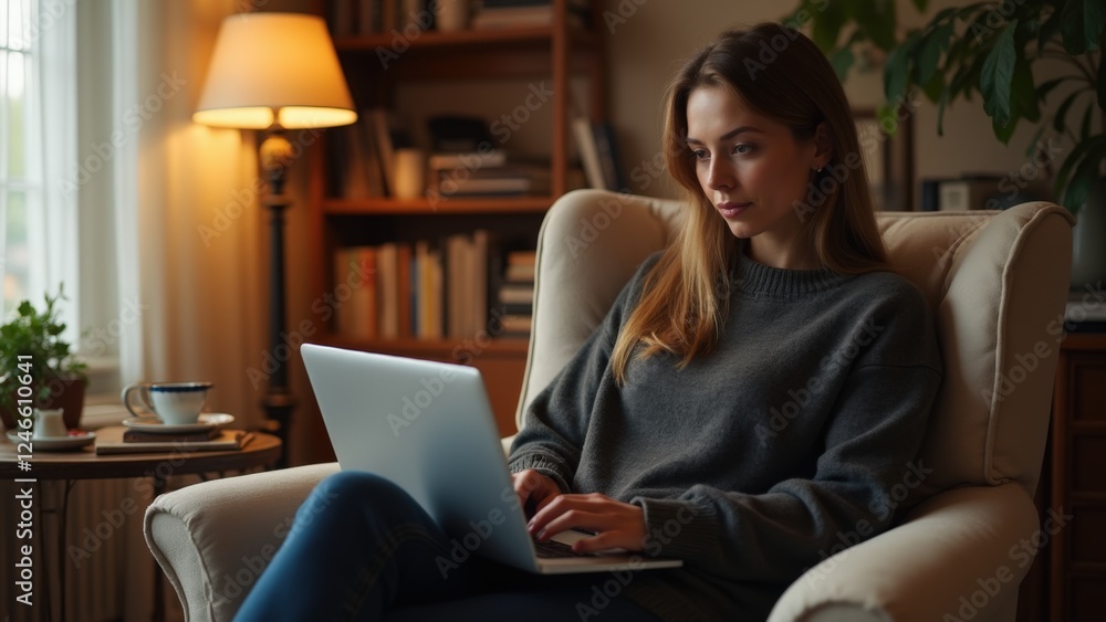 Woman in Sweatshirt Browsing on Laptop While Sitting at Home Woman in Sweatshirt Browsing on Laptop While Sitting at Home