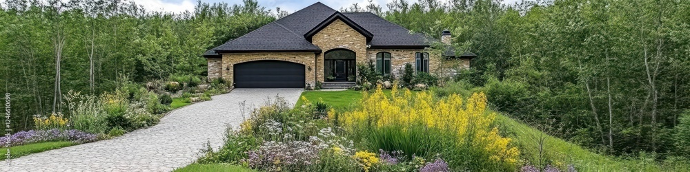 Landscaped Home Exterior With Stone Facade Landscaped Home Exterior With Stone Facade
