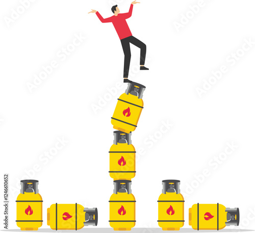 Falling from stack of unstable gas cylinders. Unstable sale of gas products, risky situation. Flat vector illustration.

