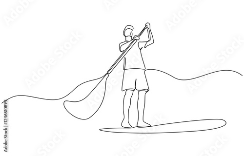 One continuous single drawing line art flat doodle stretch out man, Continuous line drawing of Man on puddleboard. SUP boarding. Template for your design works.