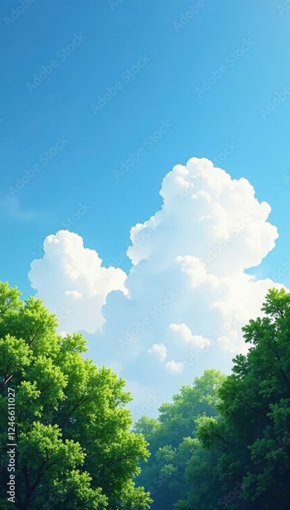 Soft fluffy clouds drift lazily across the blue sky above treetops, blue, trees Soft fluffy clouds drift lazily across the blue sky above treetops, blue, trees