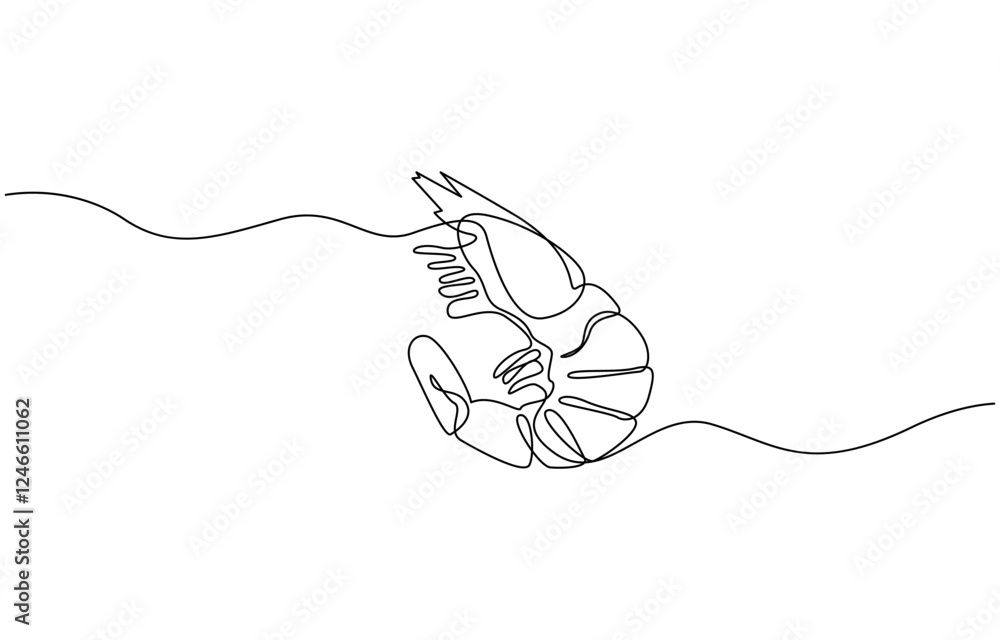 Obraz premium One continuous line drawing of fresh shrimp for seafood logo identity, Continuous one line drawing of shrimp. Isolated on white background vector illustration, Pro vector.
