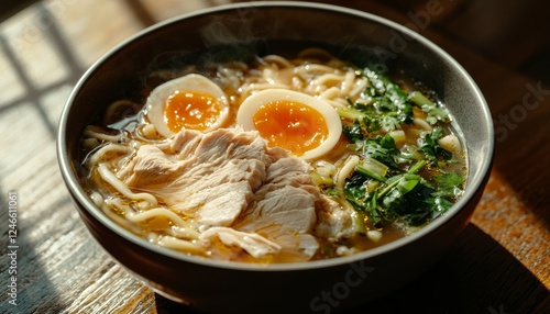 A hearty bowl of chicken noodle soup with tender chicken, fresh vegetables, and warm, comforting broth. photo