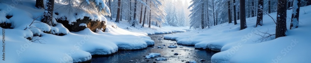 Snowy forest with rocky outcrops and frozen streams, icy, ice, snowy woods Snowy forest with rocky outcrops and frozen streams, icy, ice, snowy woods