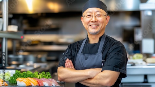 Skilled chef proudly presenting an array of sushi in a vibrant restaurant kitchen setting photo