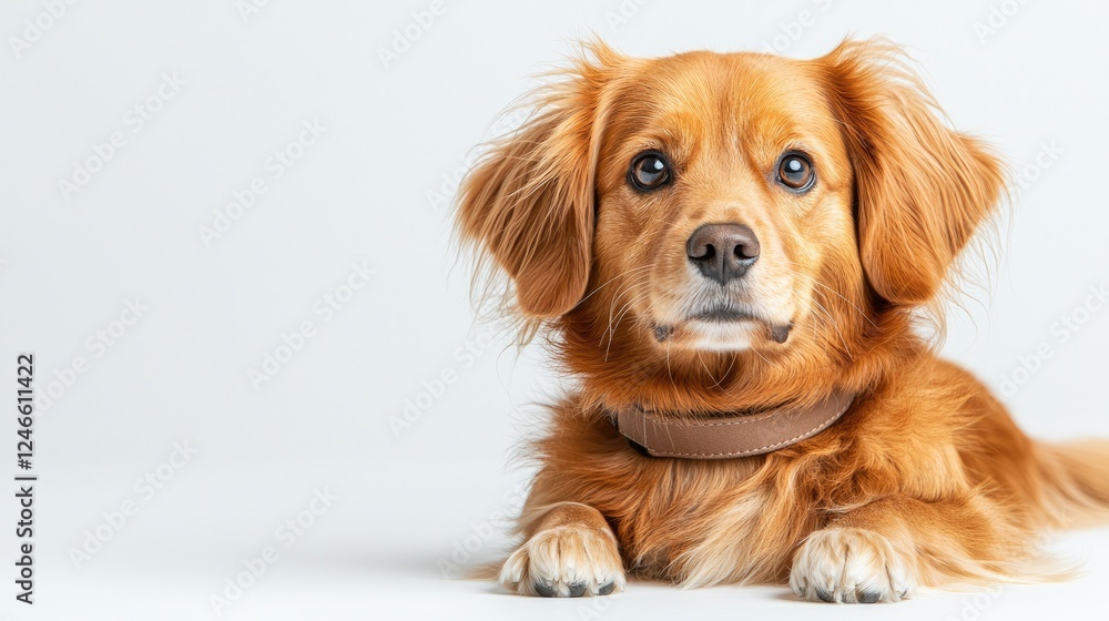 Golden dog lying, studio shot, white background, pet portrait Golden dog lying, studio shot, white background, pet portrait