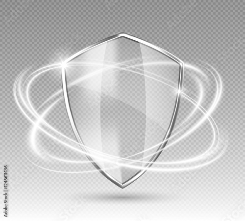 Transparent glass protection shield with glow effect. Safeguard sign. Security concept. Vector illustration