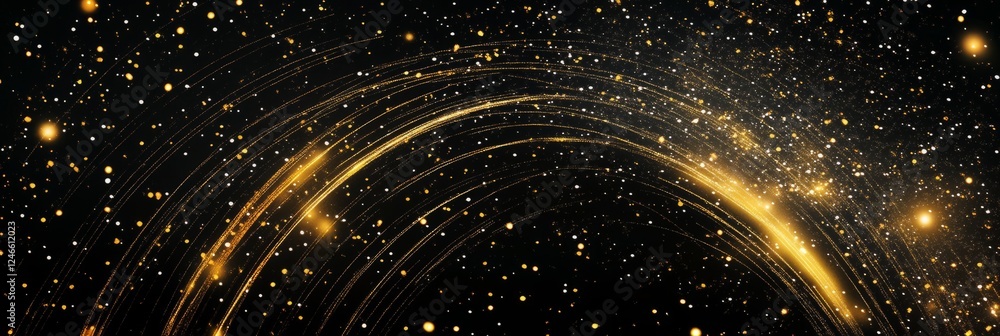 Intricate patterns of golden particles swirling against a black background create a mesmerizing cosmic effect Intricate patterns of golden particles swirling against a black background create a mesmerizing cosmic effect