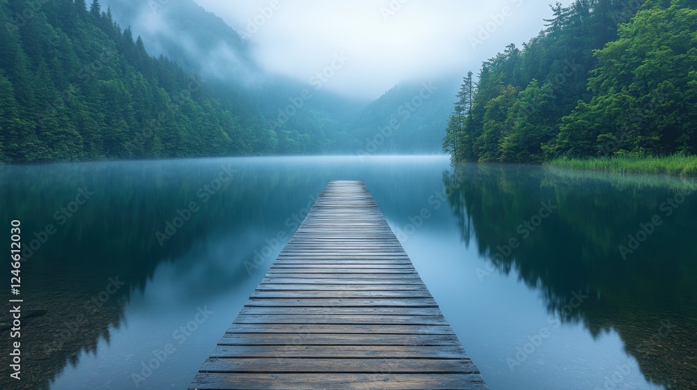 Wooden dock extending into a calm lake Wooden dock extending into a calm lake