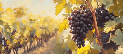 Vineyard with grape leaves and grapes on the background of a sunny day, a panoramic banner for wine production or viticulture. photo