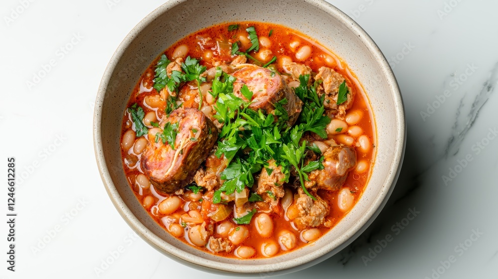 A traditional French cassoulet, featuring slow-cooked white beans, tender duck confit, and savory sausage in a rich, flavorful broth. A traditional French cassoulet, featuring slow-cooked white beans, tender duck confit, and savory sausage in a rich, flavorful broth.