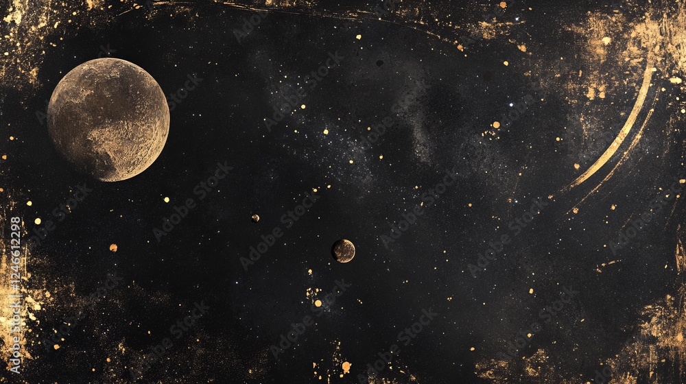 Naklejka premium Stunning cosmic landscape with planets and stars set against a dark gold background
