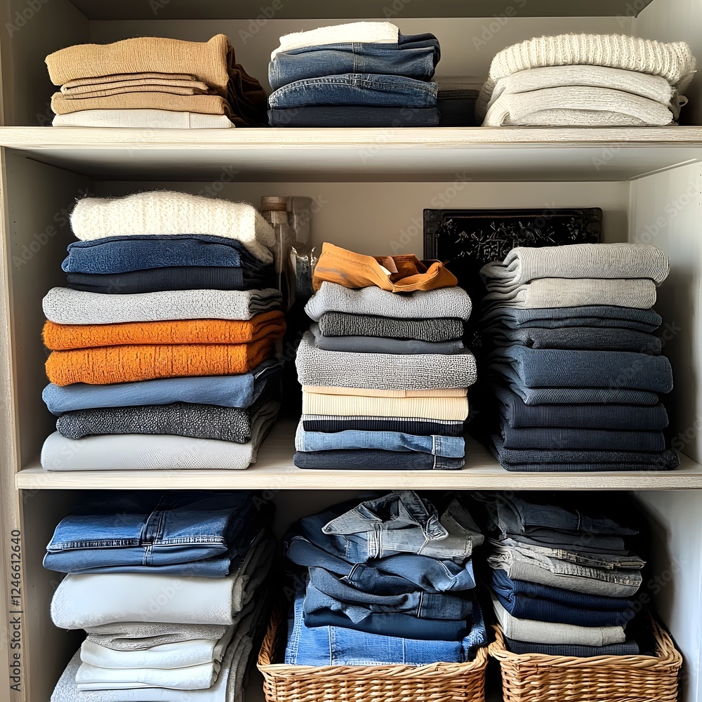 Neatly organized shelves displaying carefully folded clothes, towels, and other linens in a tidy and stylish bedroom interior. The image showcases a minimalist. Neatly organized shelves displaying carefully folded clothes, towels, and other linens in a tidy and stylish bedroom interior. The image showcases a minimalist.