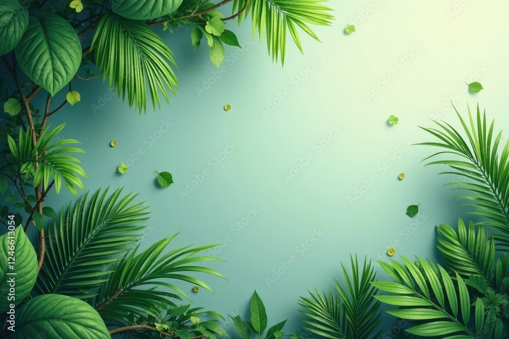 Fototapeta premium Palm leaves entwined with vines against gradient background, abstract foliage, whimsical atmosphere, calm environment