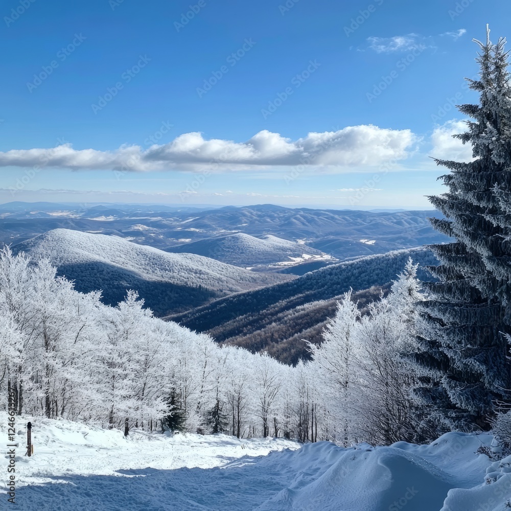 Obraz premium Winter sun illuminates Ukraine's Carpathian mountains from Skupova.