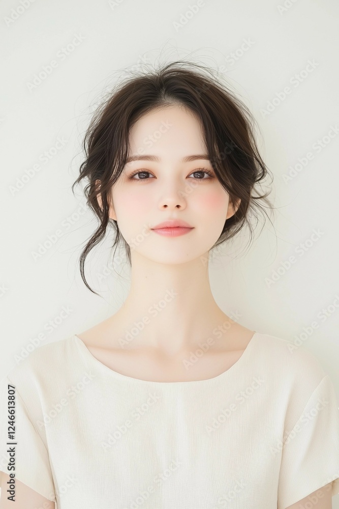 Elegant Young Woman in Soft Pastel Dress with Natural Makeup Elegant Young Woman in Soft Pastel Dress with Natural Makeup