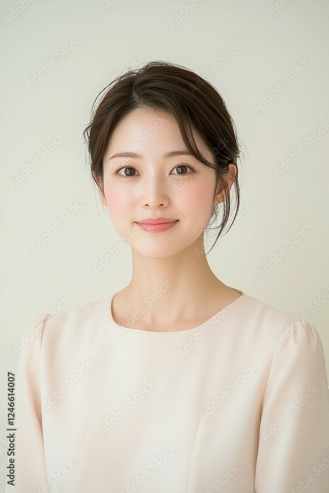 Elegant Young Woman in Soft Pastel Dress with Natural Makeup Elegant Young Woman in Soft Pastel Dress with Natural Makeup