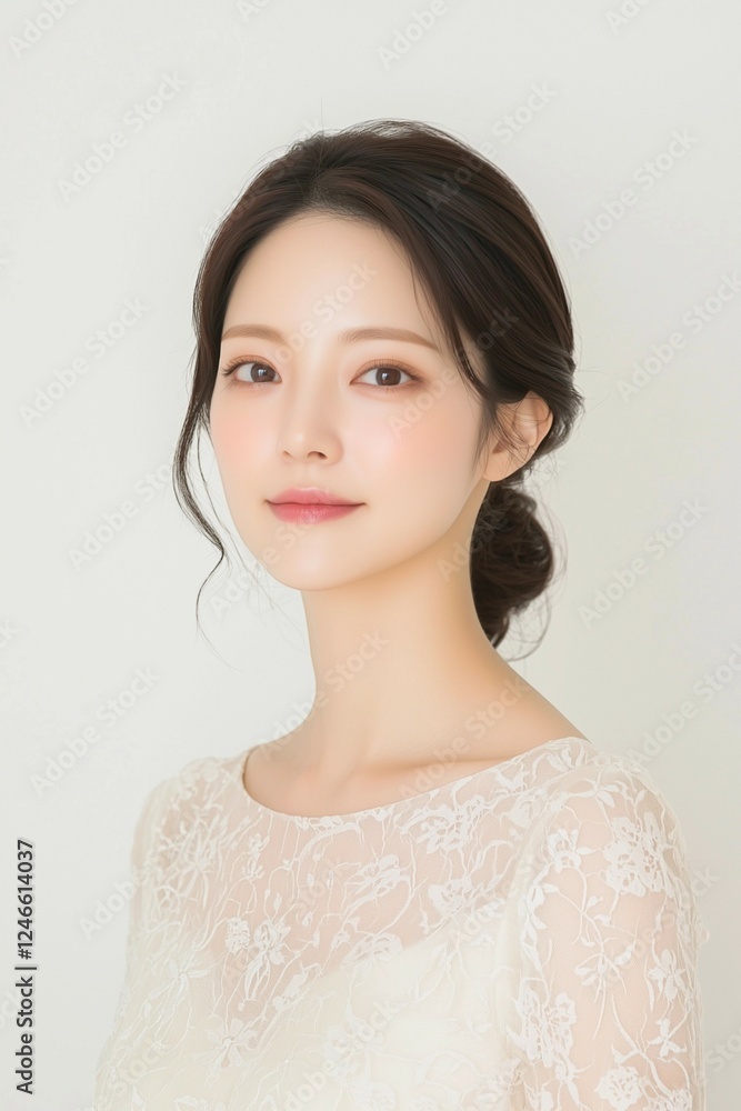 Elegant Young Woman in Soft Pastel Dress with Natural Makeup Elegant Young Woman in Soft Pastel Dress with Natural Makeup