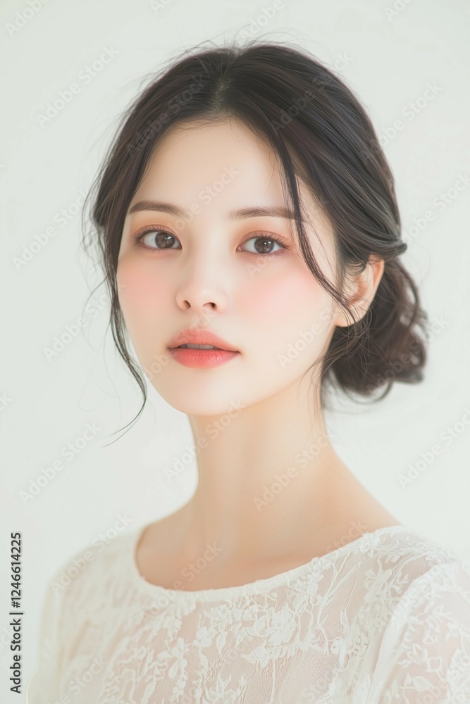 Elegant Young Woman in Soft Pastel Dress with Natural Makeup Elegant Young Woman in Soft Pastel Dress with Natural Makeup