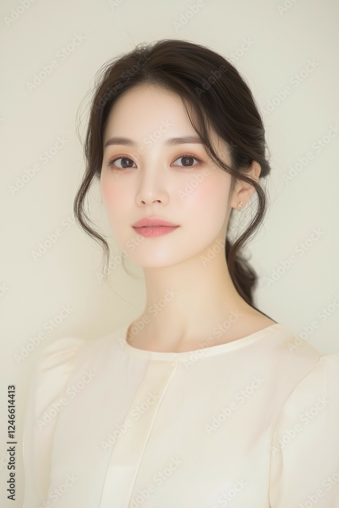 Elegant Young Woman in Soft Pastel Dress with Natural Makeup Elegant Young Woman in Soft Pastel Dress with Natural Makeup