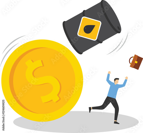 The oil barrel fell from a pile of coins. Businessman fleeing a falling oil tank. Freeze energy prices. Modern vector illustration in flat style

