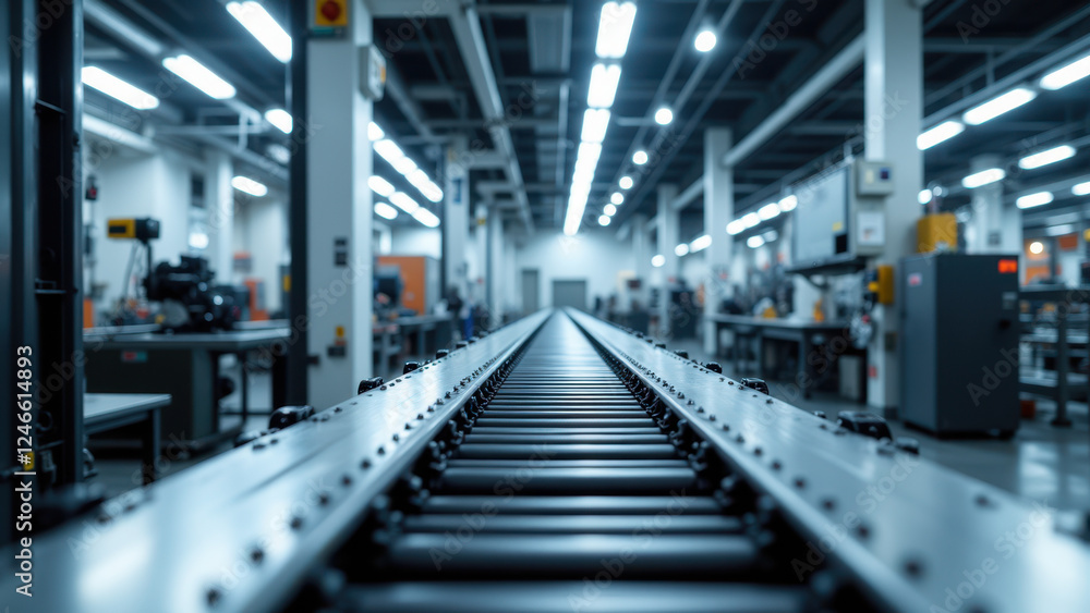 Fototapeta premium Industry plant floor with metal machinery and overhead conveyor system.