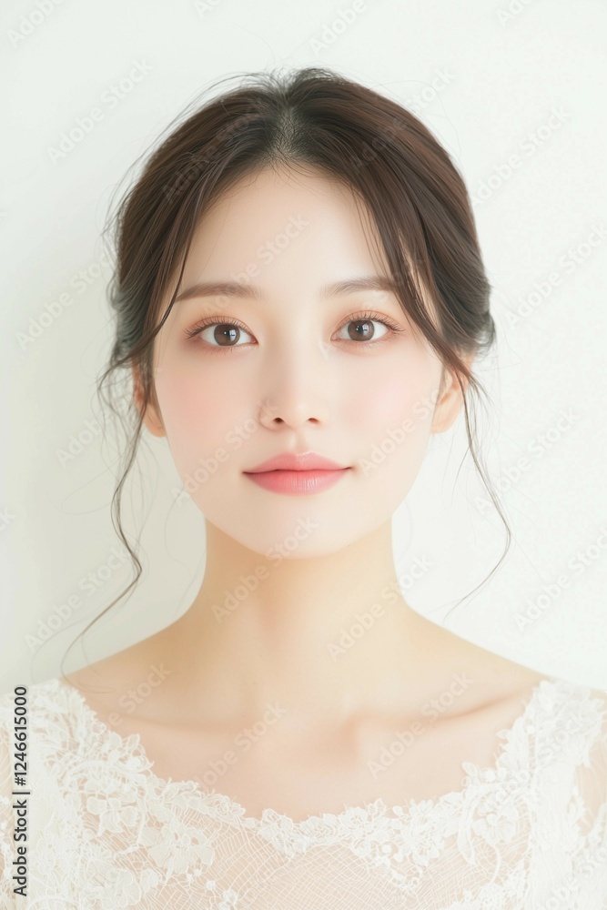 Elegant Young Woman in Soft Pastel Dress with Natural Makeup Elegant Young Woman in Soft Pastel Dress with Natural Makeup