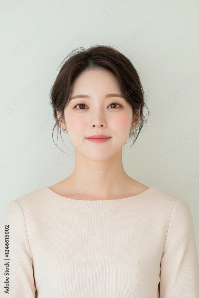 Elegant Young Woman in Soft Pastel Dress with Natural Makeup Elegant Young Woman in Soft Pastel Dress with Natural Makeup