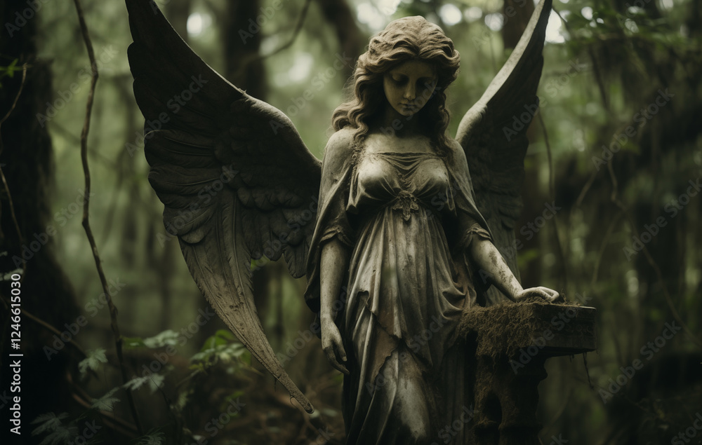 Fototapeta premium A serene sculpture of an angel with large wings stands amidst dense foliage in a misty forest. Soft light filters through the trees, creating a tranquil atmosphere