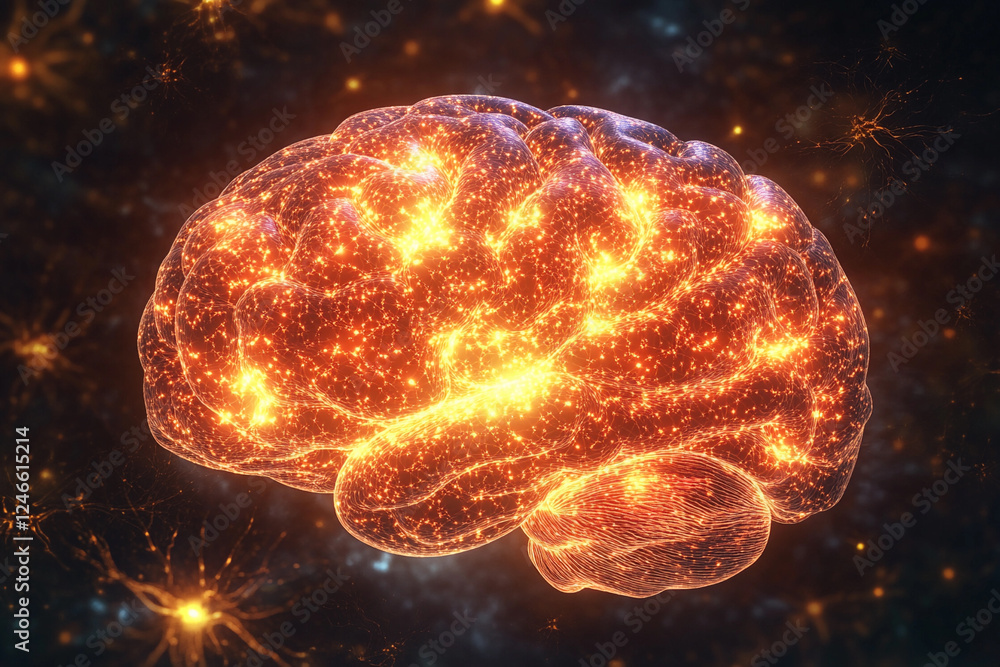 Brain activity illustrated with glowing connections highlighting neural pathways and cognitive processes Brain activity illustrated with glowing connections highlighting neural pathways and cognitive processes