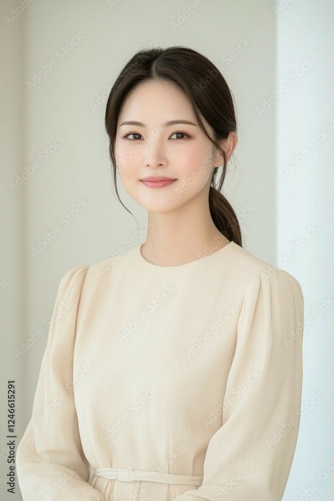 Elegant Young Woman in Soft Pastel Dress with Natural Makeup