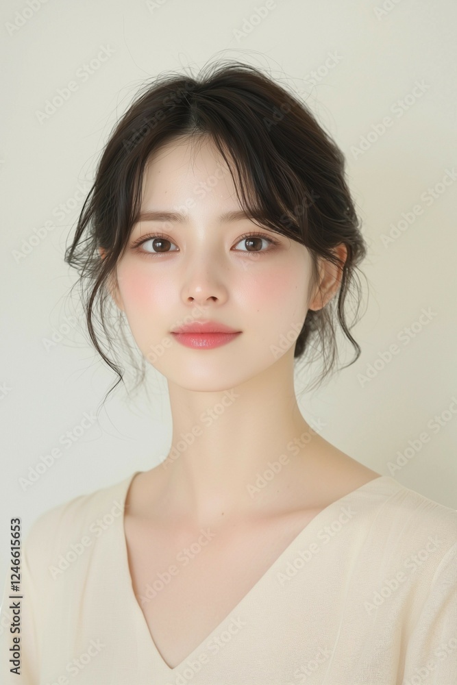Fototapeta premium Elegant Young Woman in Soft Pastel Dress with Natural Makeup