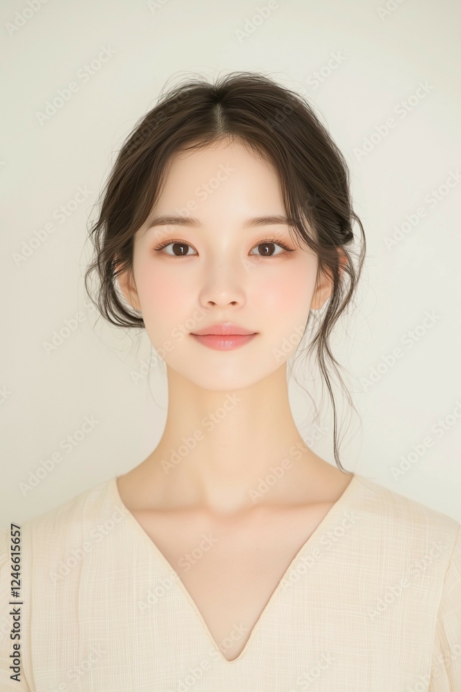 Elegant Young Woman in Soft Pastel Dress with Natural Makeup Elegant Young Woman in Soft Pastel Dress with Natural Makeup