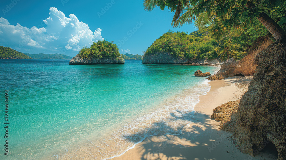 Fototapeta premium serene tropical beach with clear turquoise water, soft white sand, and lush green hills in background. scene evokes sense of tranquility and natural beauty