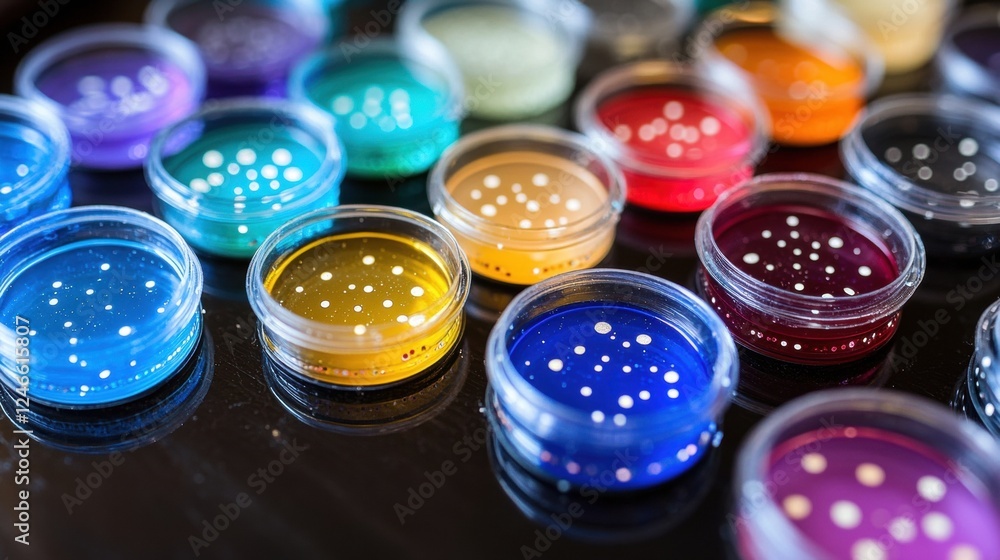Colorful Paint Dots in Clear Containers on a Dark Surface Colorful Paint Dots in Clear Containers on a Dark Surface