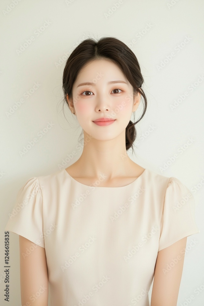 Elegant Young Woman in Soft Pastel Dress with Natural Makeup Elegant Young Woman in Soft Pastel Dress with Natural Makeup