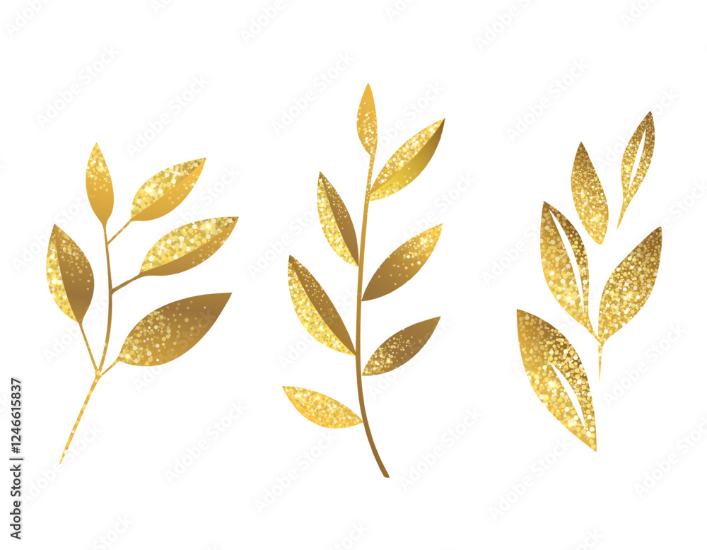 Set of golden botanical elements. Hand drawn gold colored foliage, branch with glitter.