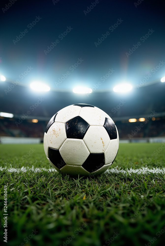 Fototapeta premium Soccer ball positioned in a well-lit stadium with bright lights illuminating the grassy field during a nighttime match